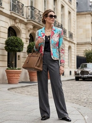 Escada Sport Blazer 34 Small Jacket Linen Pockets Floral Coastal Beach Red Blue