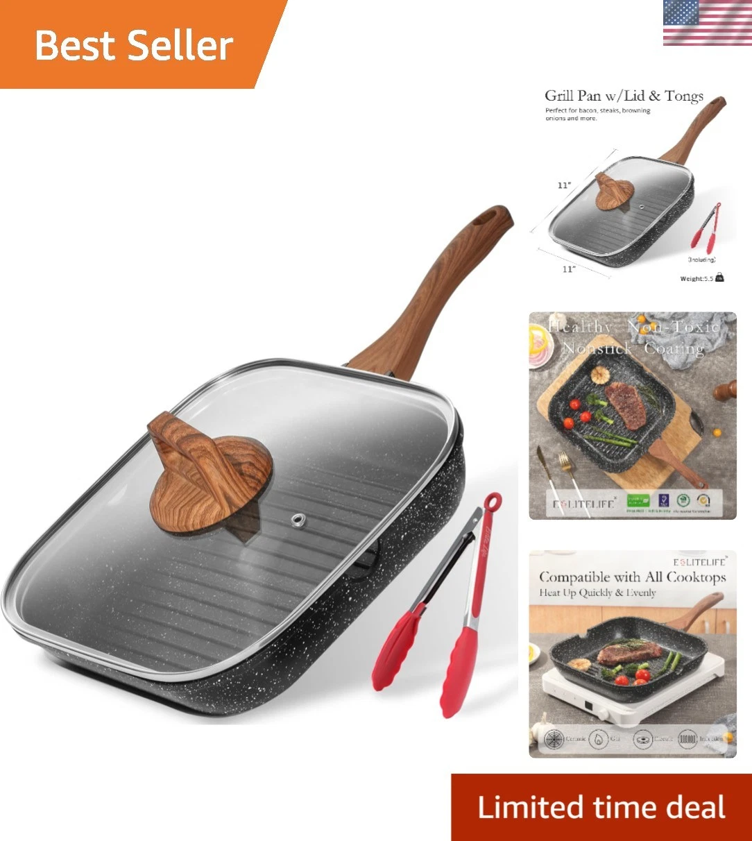 11 Inch Nonstick Grill Pan with Lid for Indoor Cooking, Versatile Induction S...