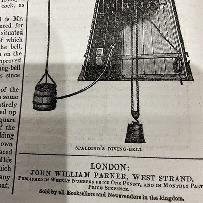 Antiker Druck 1839 - DIVING UNDERWATER - DIVING BELL - SPALDING s DIVING BELL