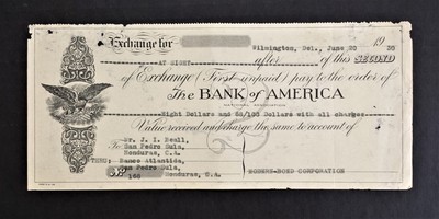 1930 antique BANK AMERICA Check wilmingto de EXCHANGE san pedro sula