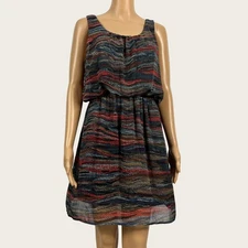 Love Ady SMALL Multicolor Earth Tone Striped Blouson Sheath Dress Chiffon Lined