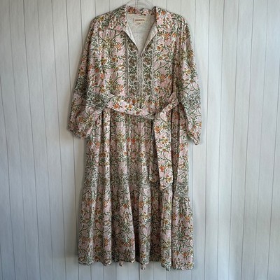 Lagamos size M Eveline midi dress white pink floral cotton block print w pockets