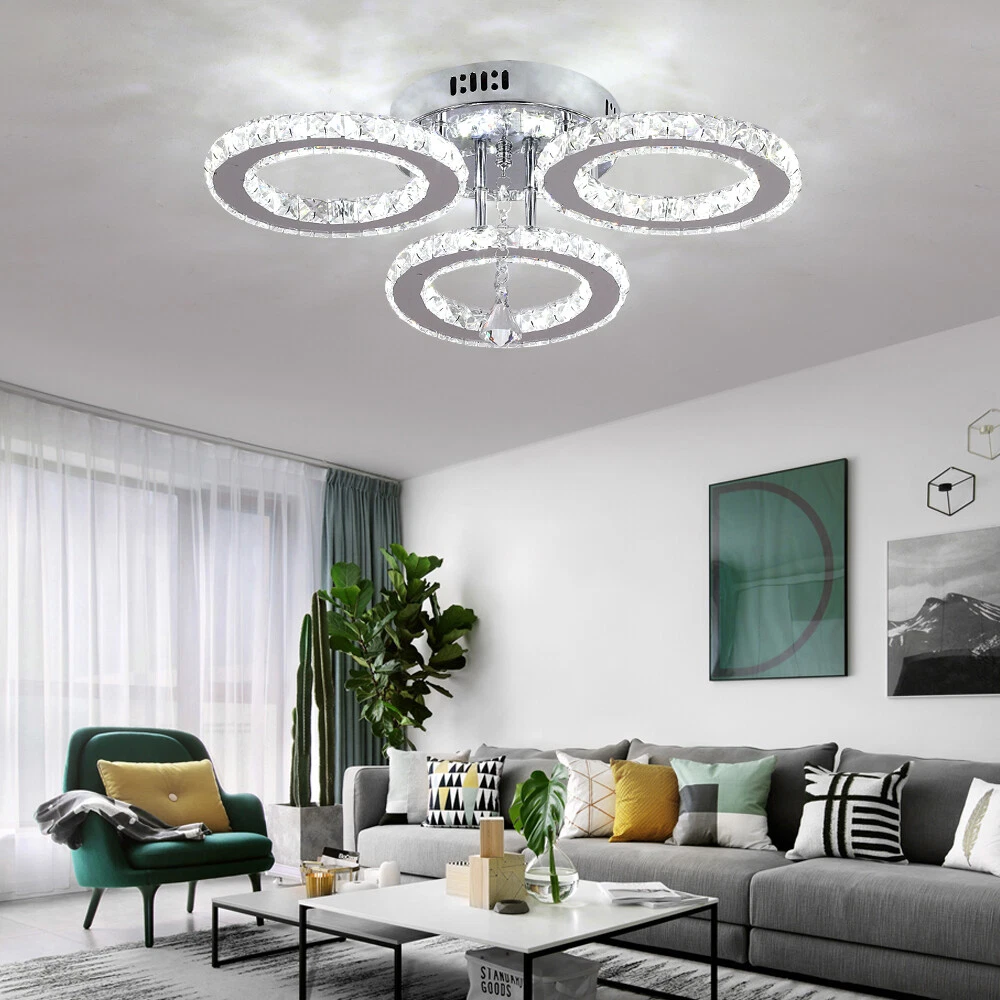 Modern 3-Ring Crystal Chandelier – LED Flush Mount Ceiling Light