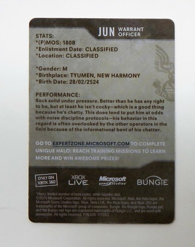 Halo Reach Metal Card JUN WARRANT OFFICER S-266 SPECWAR GROUP THREE NOBLE - Picture 2 of 2