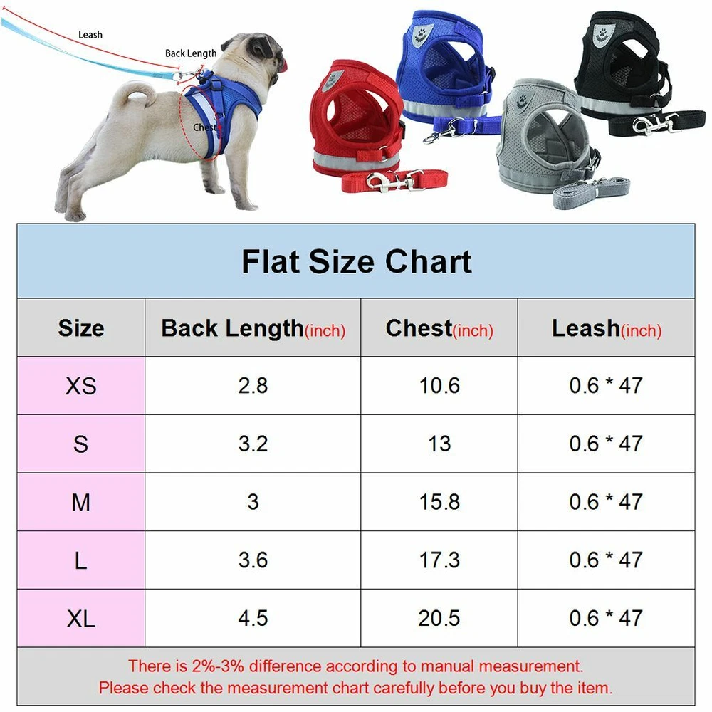 Dog Harness Pug Nylon Mesh Puppy Cat Harnesses Vest Reflective Walk Lead Leash