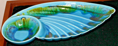 Vintage California Pottery Chip Dip Bowl Fan Feather Wing R-134