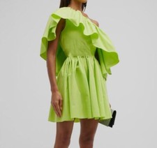 $2590 Alexander McQueen Women's Green One-Shoulder Ruffle Poplin Dress Size 42