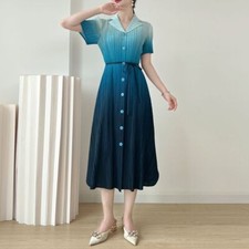 Summer Pleated Gradient Dress Waist Lace Up Women Elegant Party Knee Length Dres