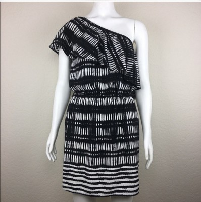 NWT $69 Express One Shoulder Ruffle Mini Dress Black & White Womens Small NEW