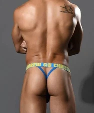 New Men's Sexy Andrew Christian Blue "Y" Back Thong w/Contoured Pouch -Gay
