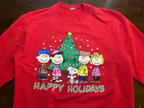 Vintage 90’s Charlie Brown Happy Holidays Peanuts Crewneck Red Large - Picture 3 of 8