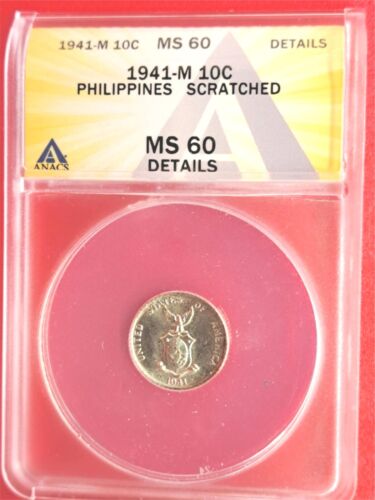 1941-M Philippines 10 Centavos – ANACS MS60 Details Manila Mint Silver (10-3)