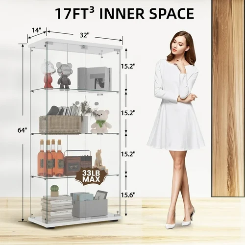 4-Shelf Glass Display Cabinet 2 Door Bookshelf W/Led Push Light Curio Case White - Picture 2 of 11