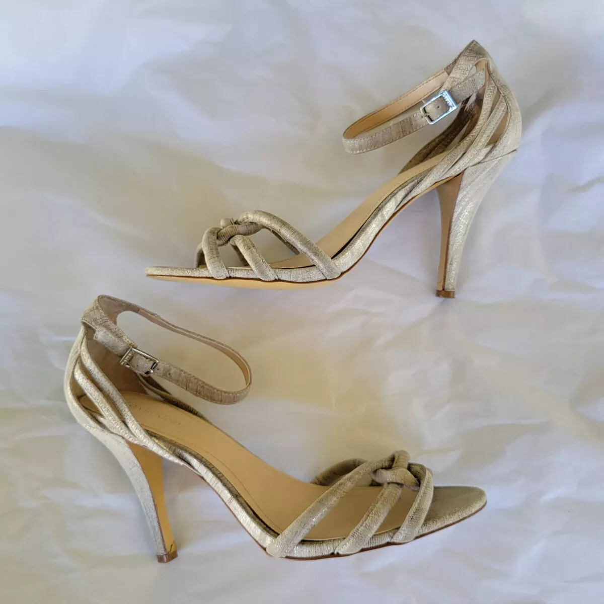 CALVIN KLEIN Oliana Silver Fabric Ankle Strap Heels Shoes 8