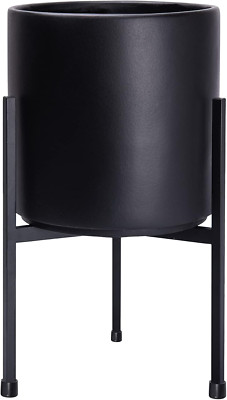 Stylish Black Cylinder Planter with Heavy Duty Stand - 8 Inch Pot, 12.6 Inch Hei