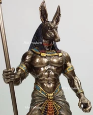 10" Egyptian Anubis Jackal W Cobra Scepter Statue Antique Bronze Finish
