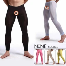 Men Sexy Ice Silk Leggings Sheer See-through Tight Gym Fitness Long Underpants