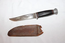 Vintage KINFOLKS Hunting Knife w/Stacked Leather Handle and Sheath