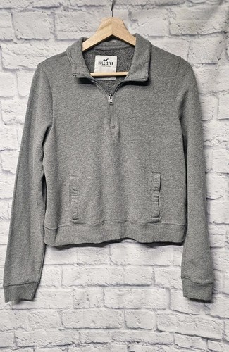 HOLLISTER M GRAY COLLARED CROPPED FLEECE 1/4 ZIP PULLOVER POCKET SWEATSHIRT TOP - Picture 11 of 18