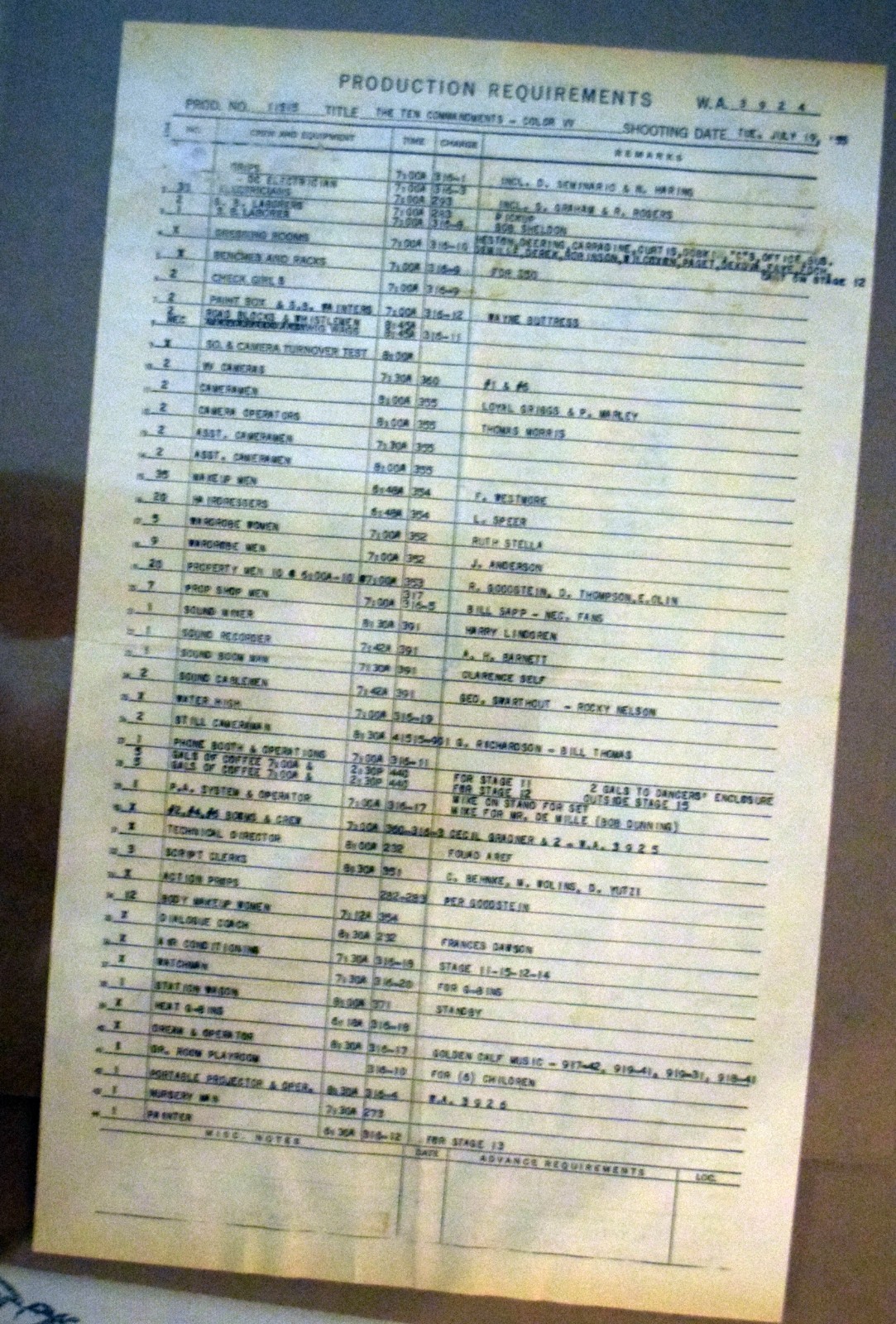 Charlton Heston signed Ten Commandments Production CALL SHEET Calf Scene READ