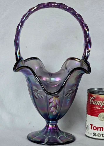 Fenton Iridescent Purple Glass Basket Vase 75th Anniv w Textured Surface Signed
