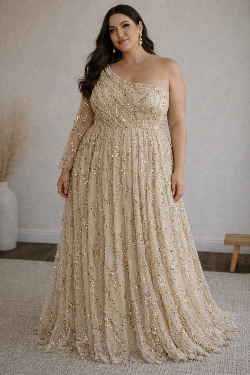 New 2XL Champagne Gold Beaded Sequin One Shoulder Formal Evening Gown Dress 