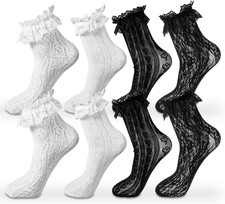 4 Pairs Lace Ruffle Socks for Women Ankle, White Black Mesh Coquette
