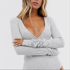 Free People Intimately Women  s Small Cozy Up Bodysuit Grey Ribbed Ruched Sleeve