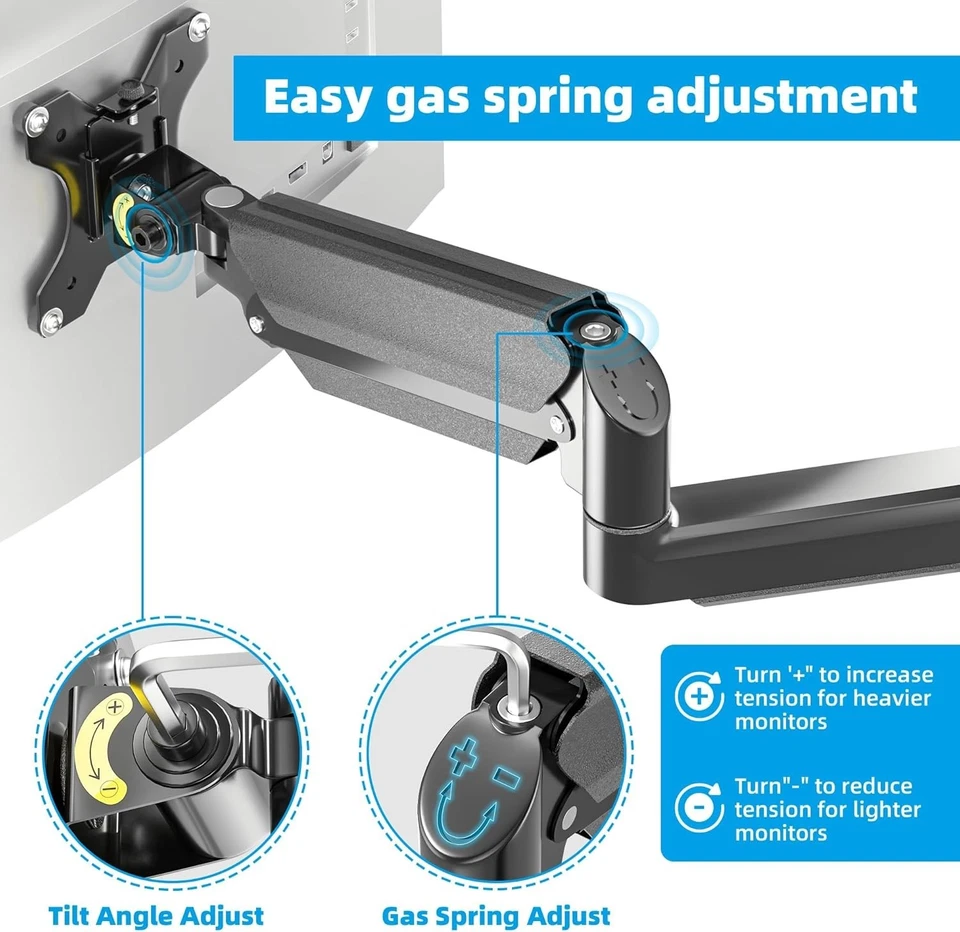 Single Monitor Wall Mount 13–32 Inch Adjustable Gas Spring Arm - Image 4 of 4