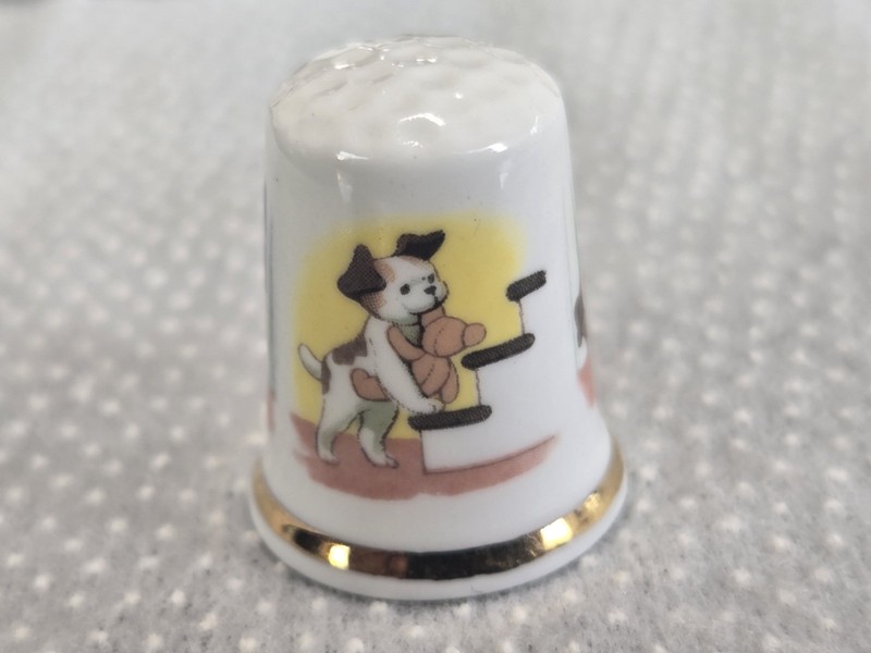 Vintage Porcelain Thimble Berkshire Puppy with his Teddy Bear
