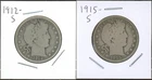Lot of (2) Coins - 90% Silver Barber Half Dollars - 1912-S & 1915-S
