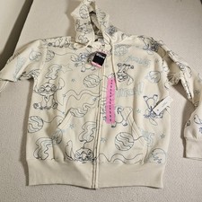 Disney Stitch Hoodie Sweatshirt Women Small Ivory Full Zip AOP Embroidered NWT
