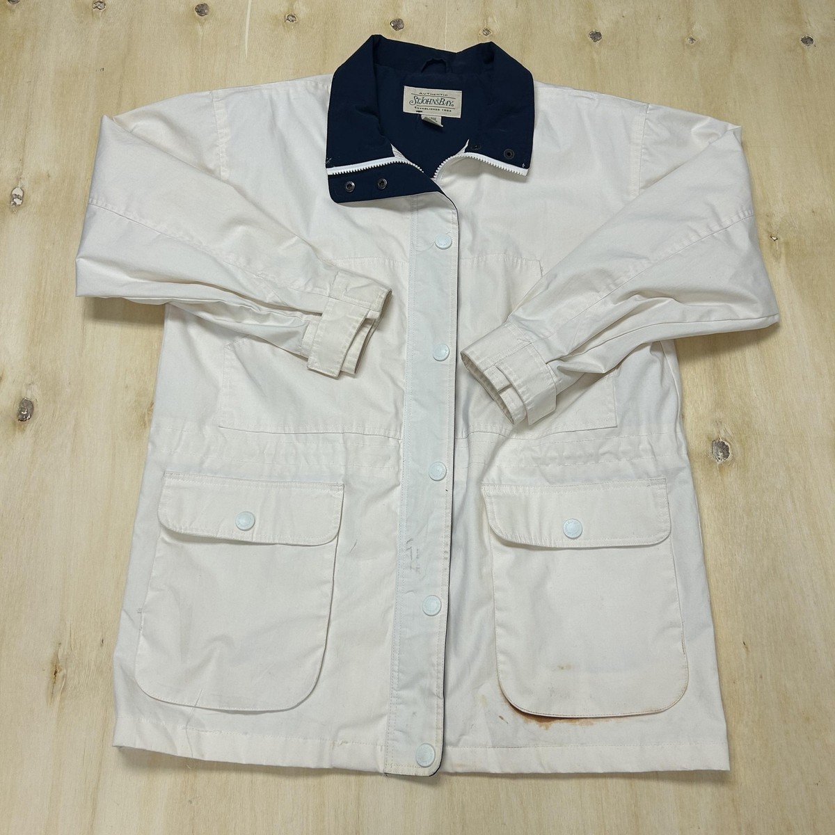 Vintage St. John's Bay Jacket Mens Large White Canvas Snap Front