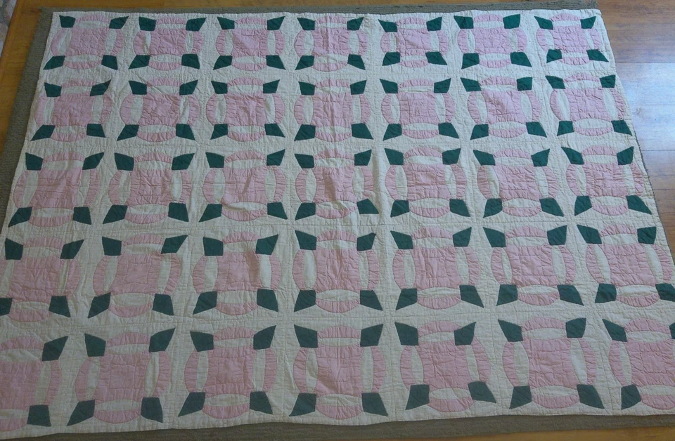 Vintage Handmade Patchwork Quilt Pink, Green & White Cottage Core Shabby Chic - Image 2 of 4