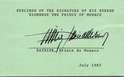Rainier lll - De Monaco - 3x5 Card - Signed | Autograph w/ Cover 1986
