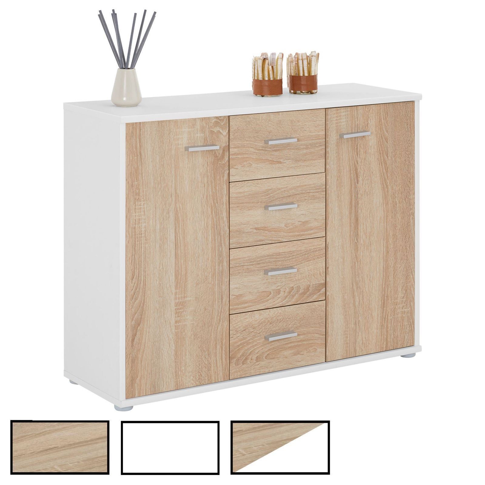 Buffet commode de rangement compact contre le désordre avec 4 tiroirs et portes