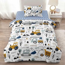 4-Pcs Construction Twin Size Boys Bedding Set, Kids Comforter Set for Teens w...