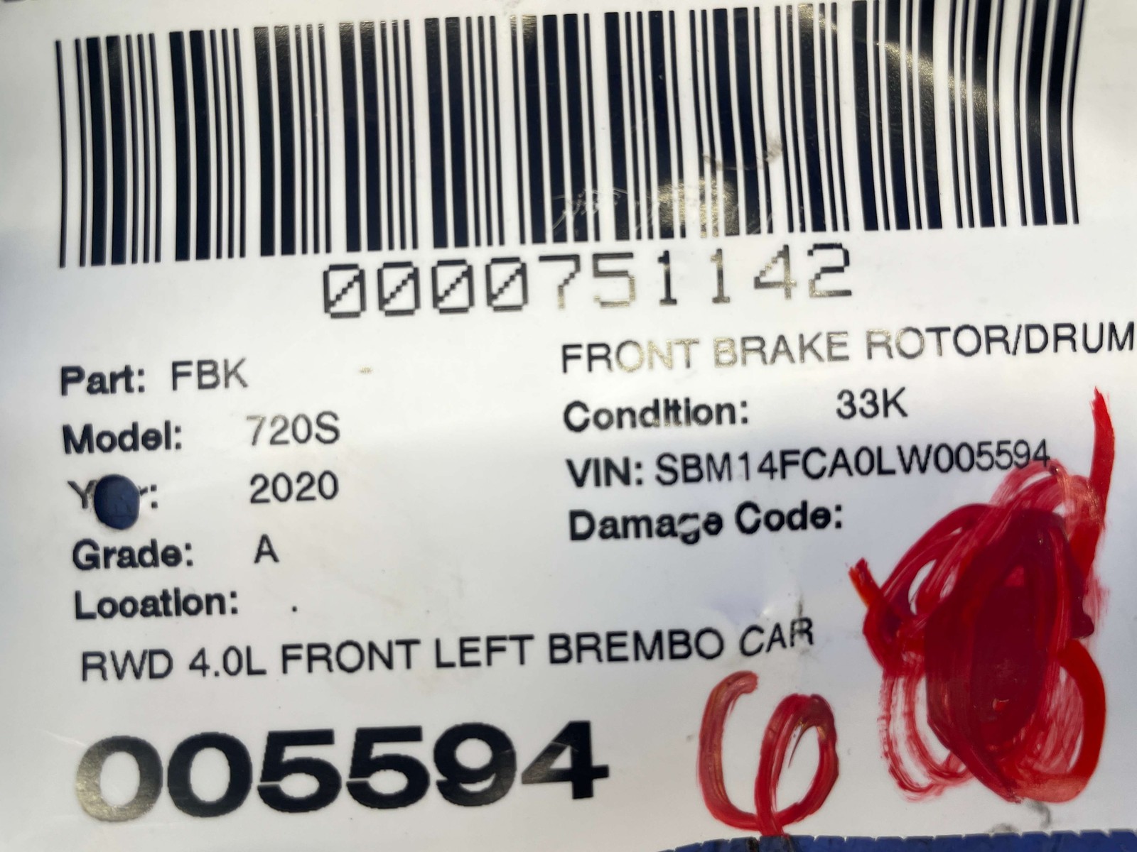 2018-2023 MCLAREN 720S OEM RWD 4.0L FRONT LEFT CERAMIC BRAKE ROTOR 36.03MM 6410G