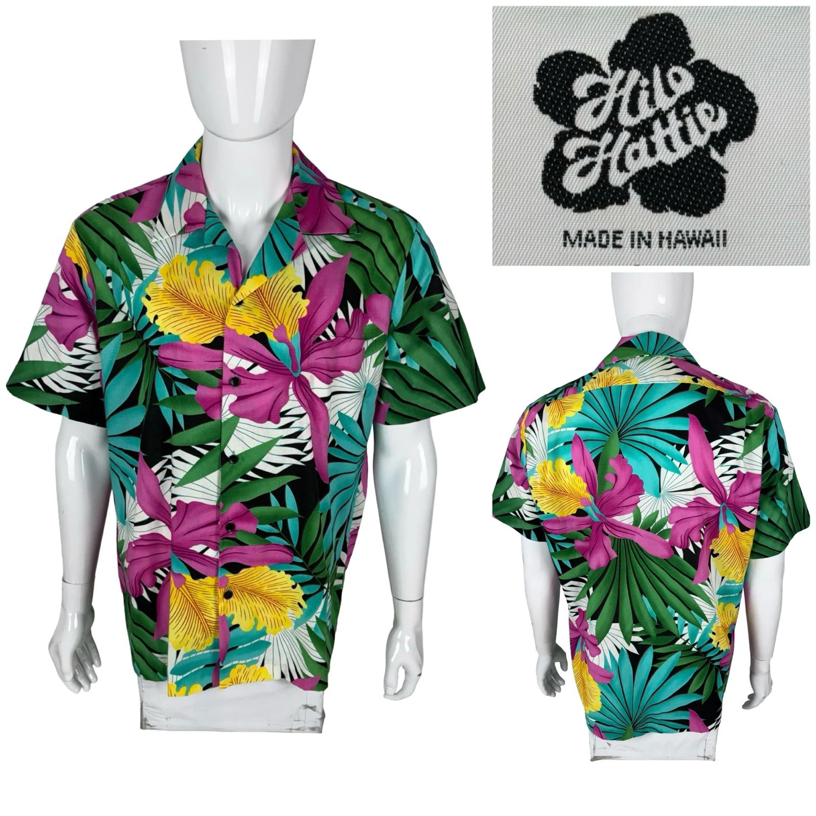 Hilo Hattie Mens Large Hawaiian Button Up Shirt Floral Vintage Made In USA