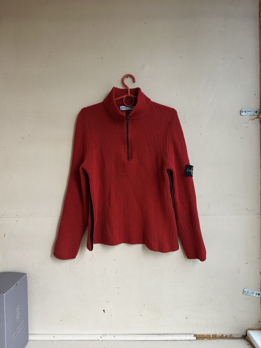 Vintage 80s Stone Island Half Zip Knit In Red Knit Sweater Vintage 80s Stone Island Half Zip Knit In Red Knit Sweater