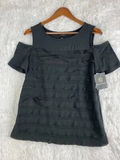 I.N. Studio Blouse SZ L Black Tiered Ruffle Cold Shoulder NWT