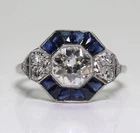 Art Deco Round Lab Created Diamond & Sapphire Wedding 14K White Gold Finish Ring