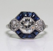 Art Deco Round Lab Created Diamond & Sapphire Wedding 14K White Gold Finish Ring