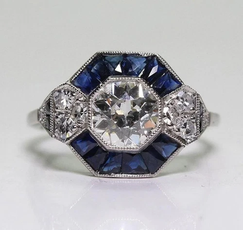 Art Deco Round Lab Created Diamond & Sapphire Wedding 14K White Gold Finish Ring