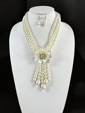 Elegant Faux Pearl Multi-Strand Necklace with 3D Flower Centerpiece