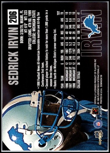 1999 SkyBox Dominion #206 Sedrick Irvin - Rookie RC FREE SHIPPING! - Picture 2 of 2