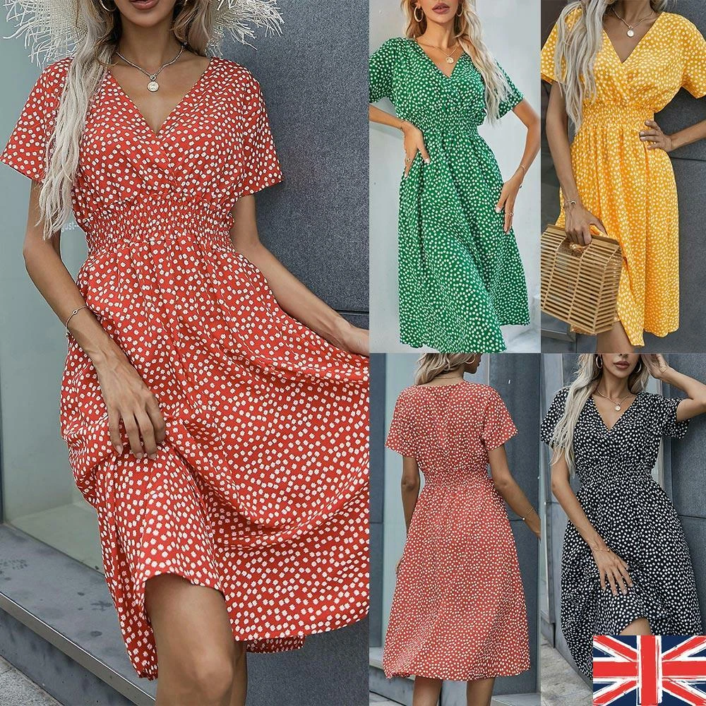 Women s Polka Dot Midi Dress Ladies Holiday Party Wrap Dresses Beach Sundress UK