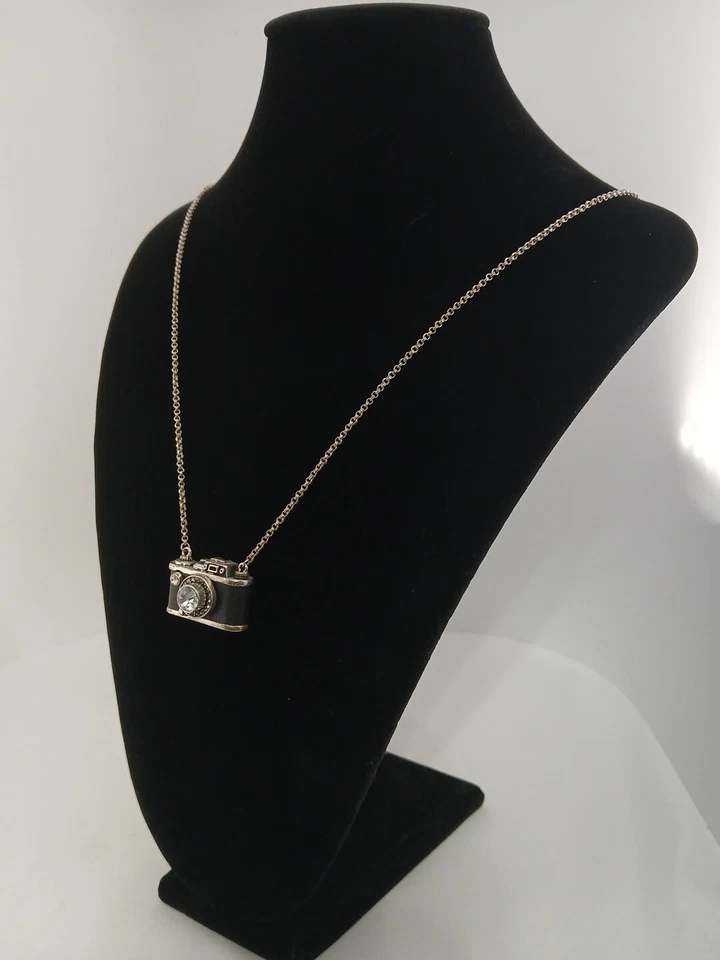 FOSSIL  silvertone clear crystals black leather camera design pendant necklace  - Image 3 of 4