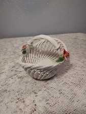 Vintage Ceramic Lattice Oval White Basket with Hand painted Pink Roses