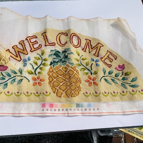 Vintage Needlepoint Welcome Sign Pineapple Unfinished With Wool 22" x 10 3/4"